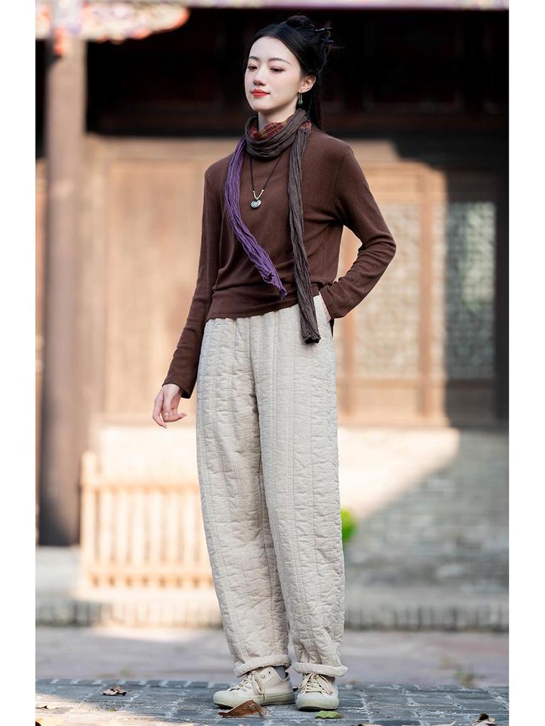 Winter Cotton Linen Women's Quilted Slimming Warm Pants