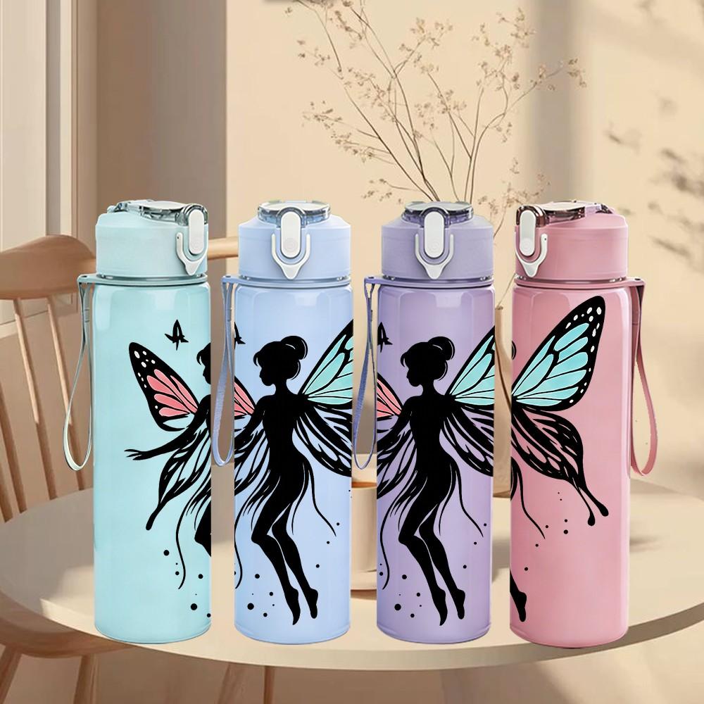 1PC Colorful Butterfly Fairy Wing Pattern 750ml Color Plastic Sports Water Bottle Leakproof Flip Straw Lid Suitable for Sports Office Home Use