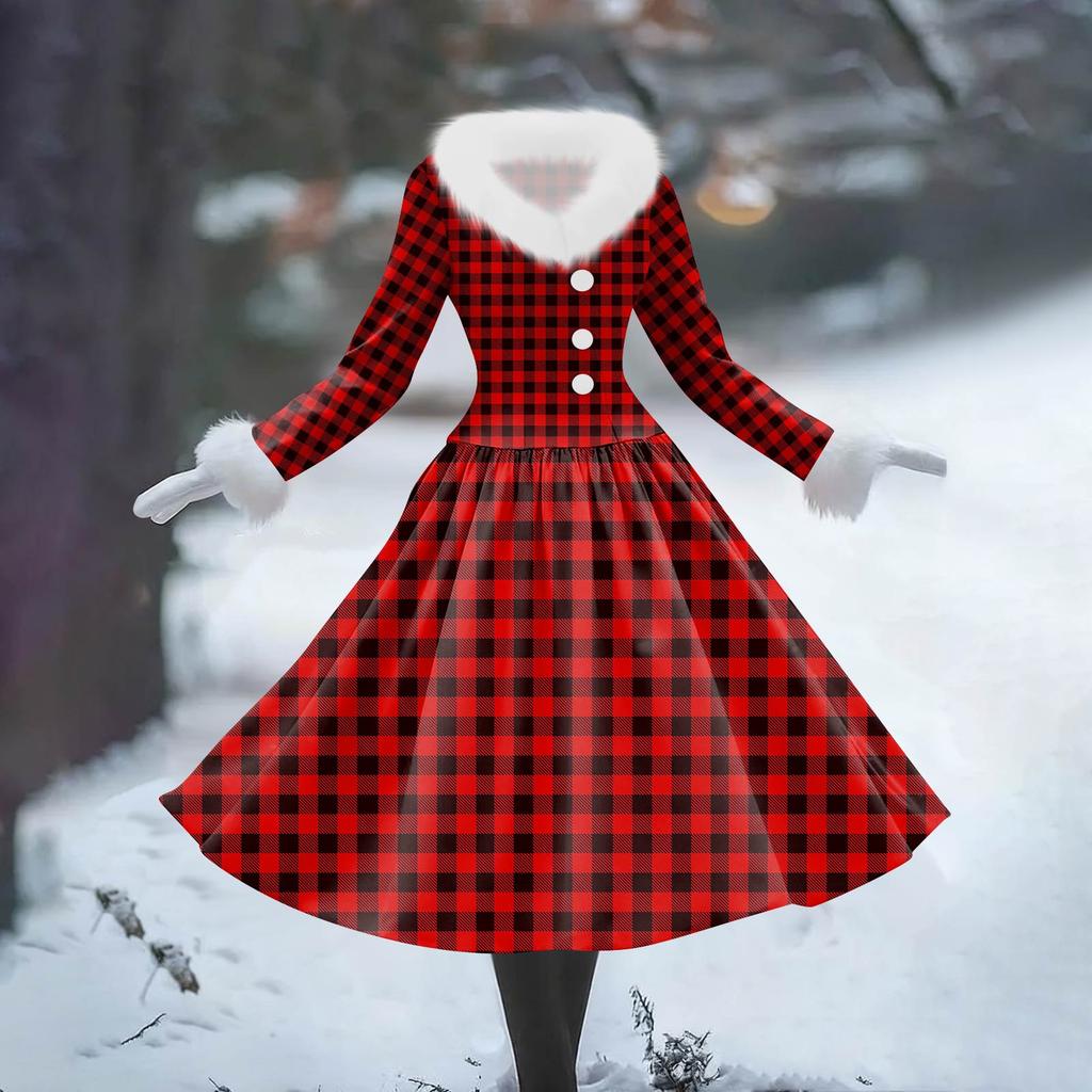Women's Casual Dress Long-Sleeve V-Neck Patchwork Fleece Christmas Print Dress