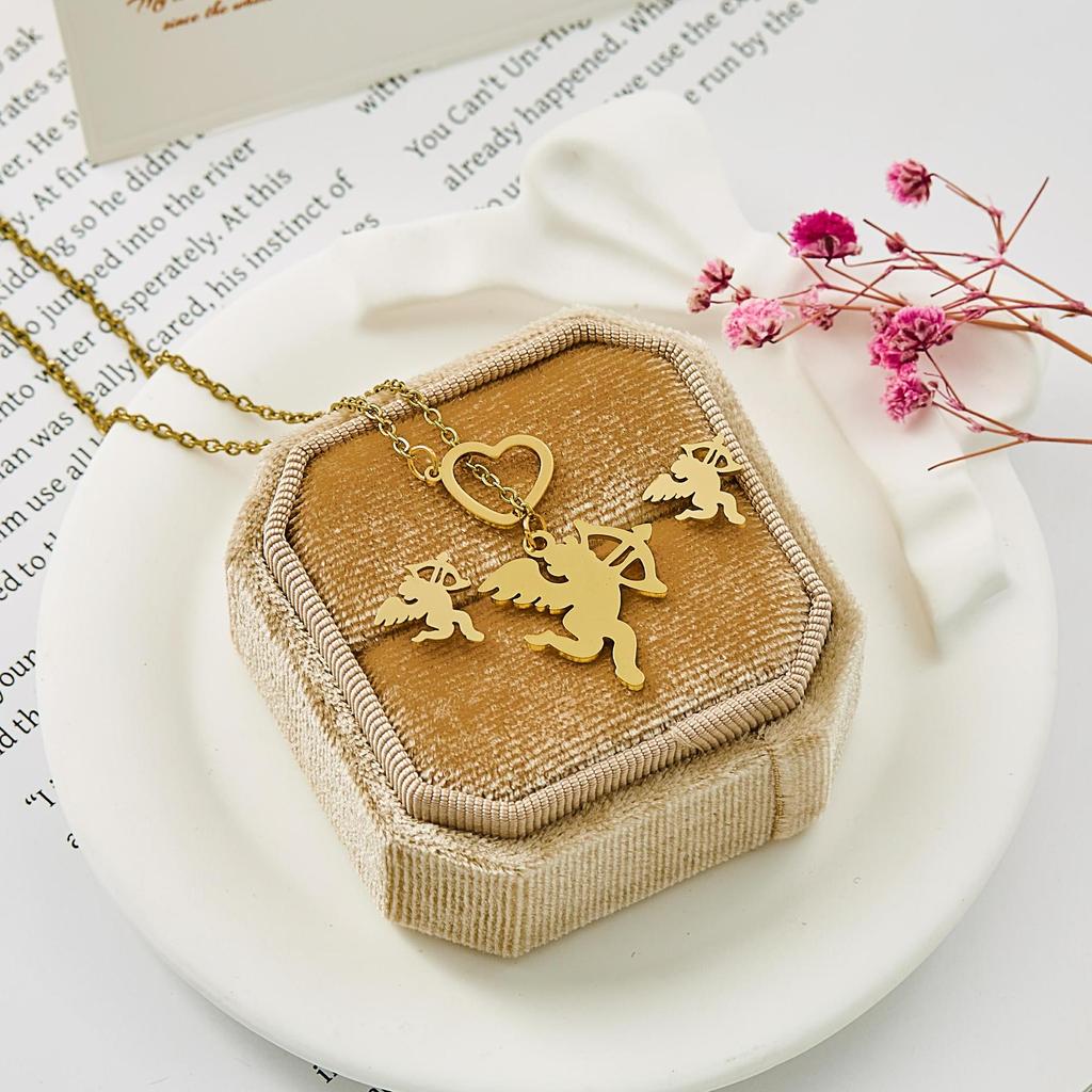 Gold Stainless Steel Flower Butterfly Dolphin Jewelry Set: Stud Earrings & Necklace