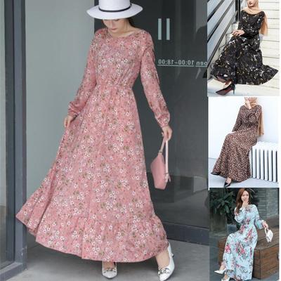 Summer Fashion Floral Print Muslim Dress Women Abayat Big Swing Long Dresses Robe Femme Musulmane Muslim Hijab Abaya Ramadan Islamic Clothing EMA