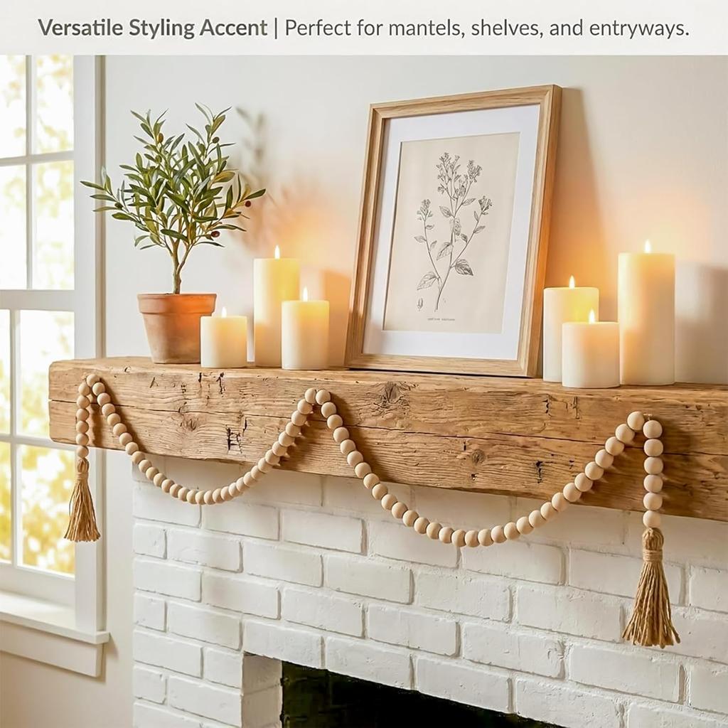 Wood Bead Garland with Tassels - 2PCS Farmhouse Rustic Country Decorative Beads Home Decor, Natural Color, 50inch 14mm 84 Round,Boho,Farmhouse Beads