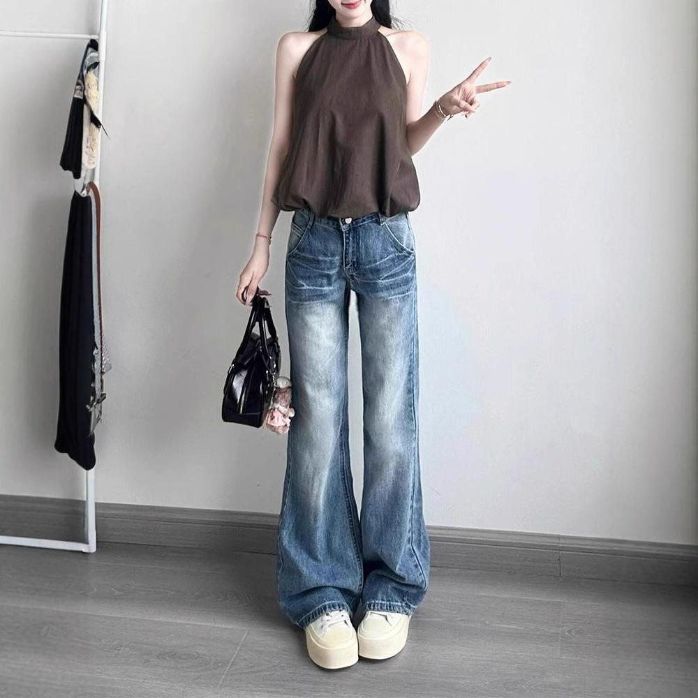 Comfortable Micro Flare Trousers Washed Blue Jeans Women's Large Yards Old Design Sense Loose Wide Leg Trousers Jeans for Women Long Denim Pants