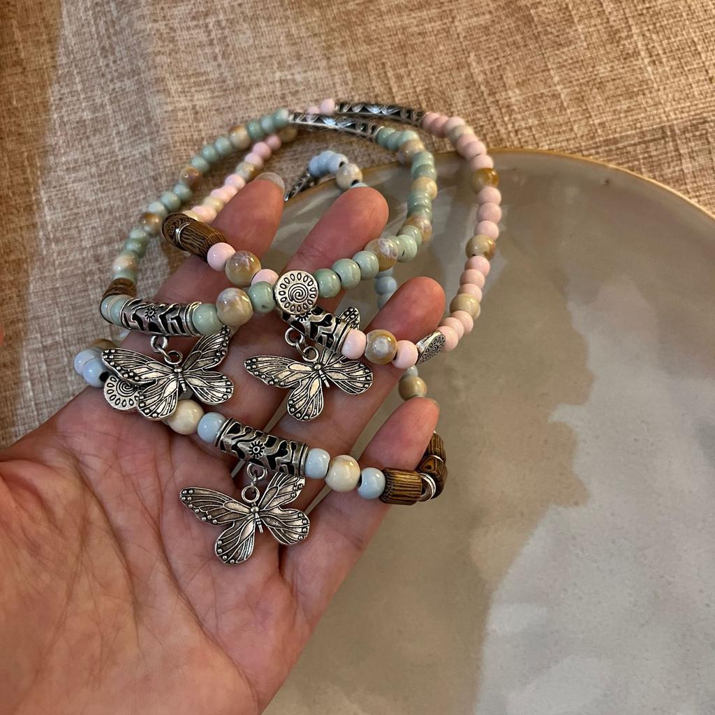Jingdezhen Ceramic Double Ring Butterfly Beaded Bracelet for Women, Handmade New Chinese Ethnic Bohemian Style Niche Versatile Elegant Wrist Jewelry