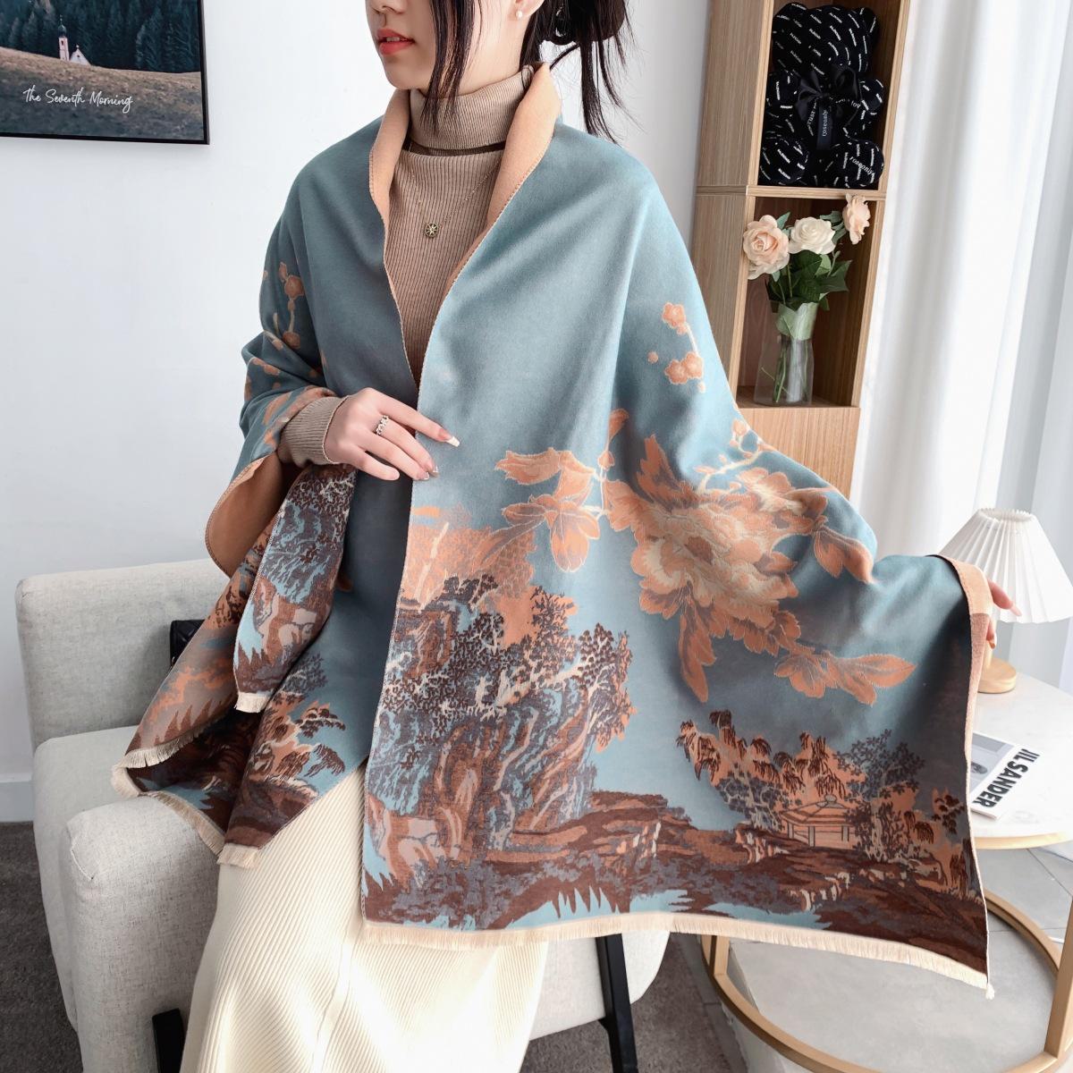 

Зимний женский шарф - рисунок китайской тушью, пейзаж Ванцзяннань Майяр, утолщенная шаль для комнат с кондиционером Wang Jiangnan, 185cm синий