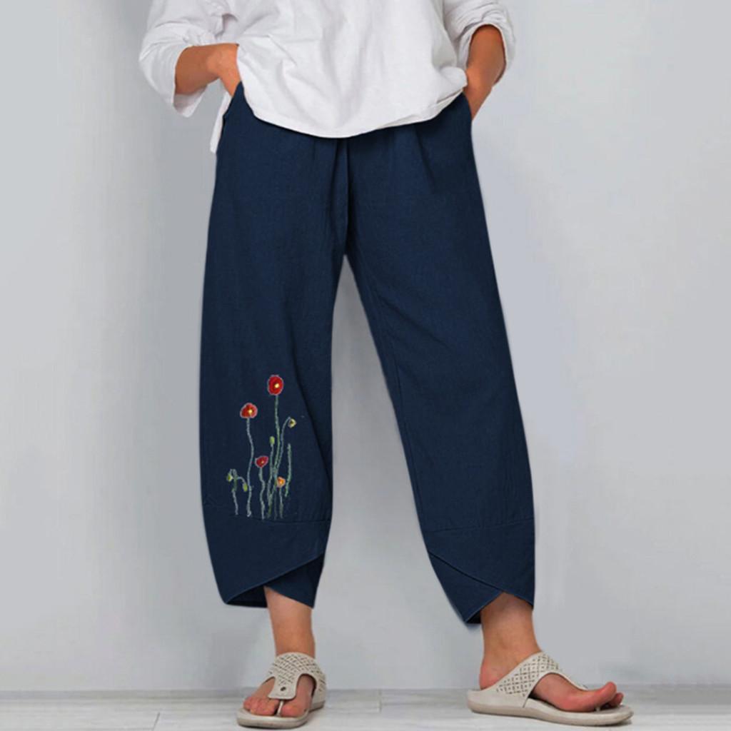 Women's summer casual loose cotton and linen embroidered wide-leg pants