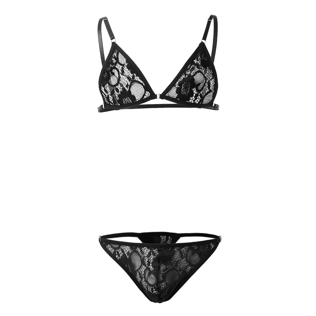 Grote Mannen Sissy Bikini Crossdressing Lingerie Set Kant Doorzichtig Bh Top Met Broekje Strings Ondergoed Gay Nachtkleding Mtf Nachtkleding