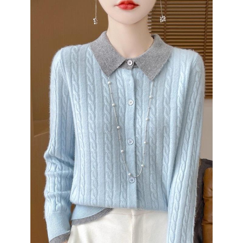 Pulover de damă cu mâneci lungi, cu rever, tricotat, de bază pentru femei