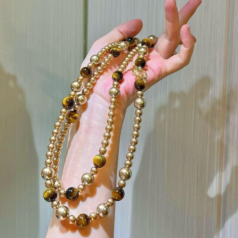 Maillard Natural Boutique Œil de Tigre Pierre Couleur Mixte Brun Mocha Doré Collier de Perles Collier pour Femme
