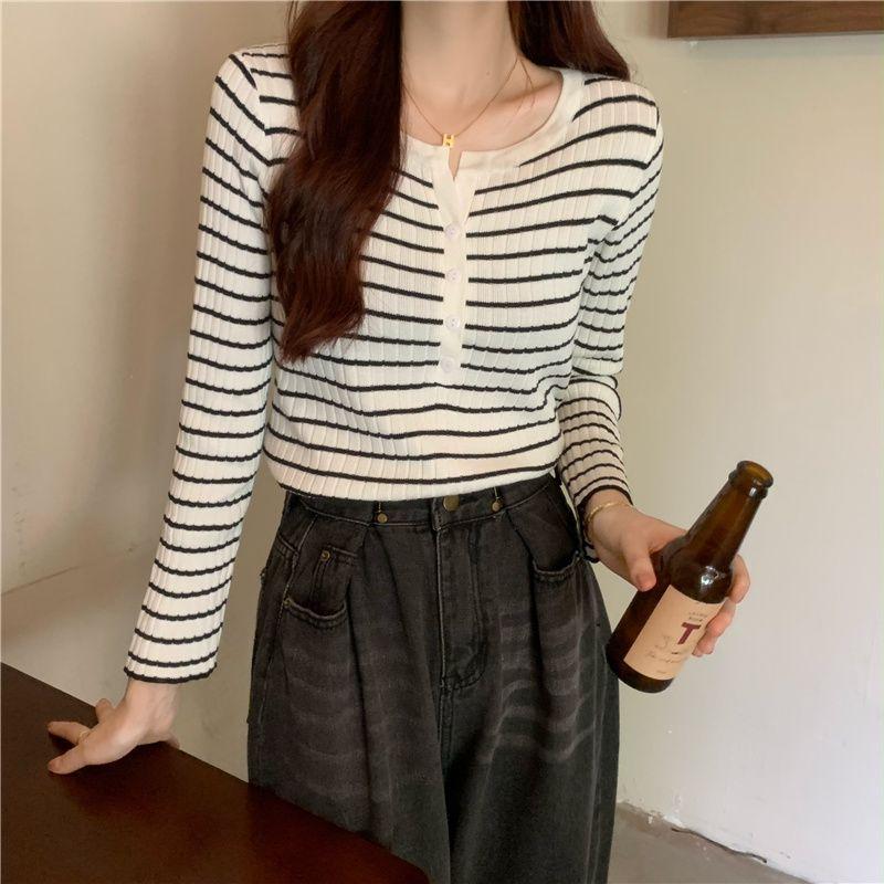 Versatile Striped Long Sleeve Knitwear Women's Early Autumn Winter Thin Loose Outerwear Base Layer Top