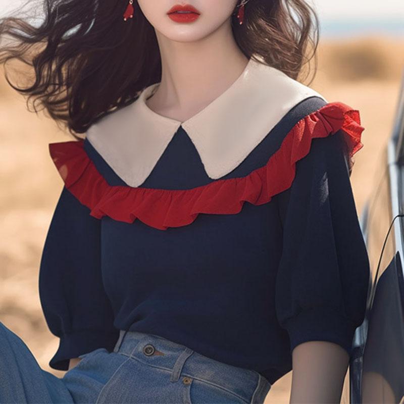 VONDA Women Summer Lapel Short Sleeve Ruffled Contrast Blouses