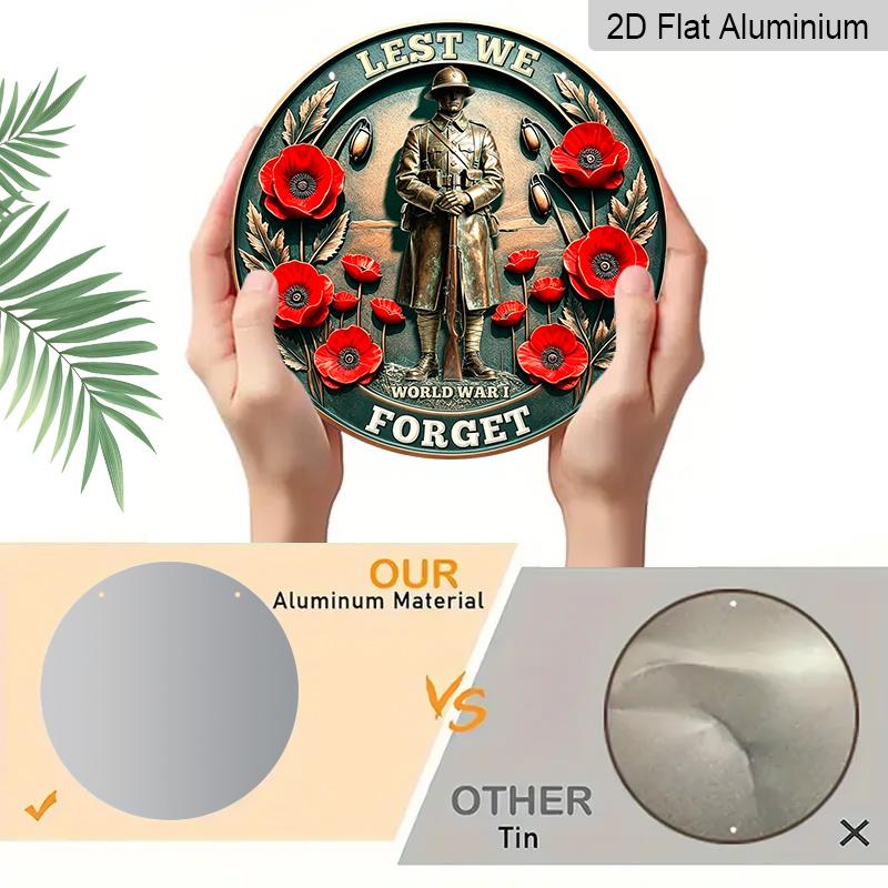 2D Flat Retro Industrial Style Aluminum Metal Wreath Round Sign, World War I Lest We Forget Soldier Poppy Metal Sign, Decoration Plaque, Retro Wall