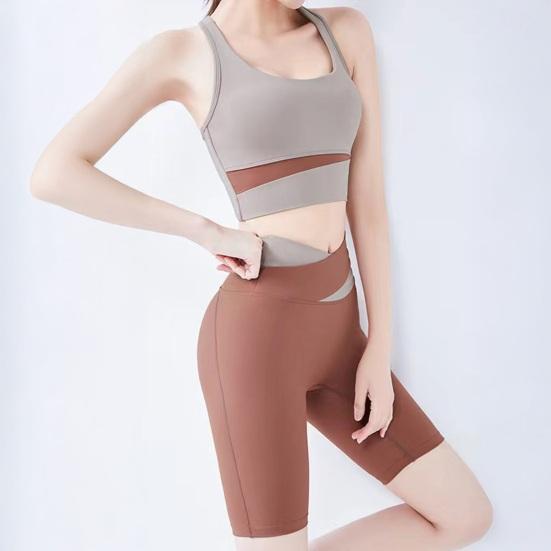 Workout Sets for Women 2 Piece Seamless U Neck Crop High Waist Shorts Color-Blocking Slimming Athletic Gym Yoga Outfits for Yoga Pilates Activewear