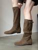 Cowhide Version~ Korean Lazy Wind Round Head Inner Height Increase Medium and High Boots Knight Boots Women's 2025 New Cowboy Boots