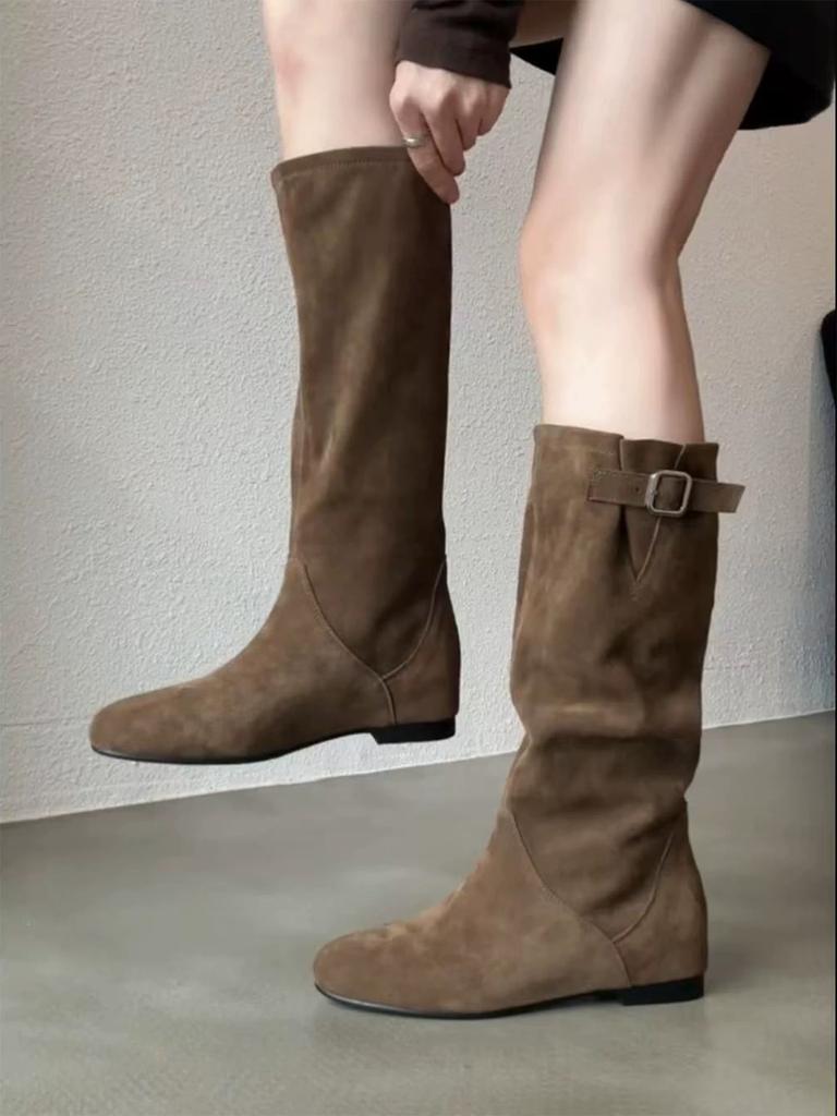 Cowhide Version~ Korean Lazy Wind Round Head Inner Height Increase Medium and High Boots Knight Boots Women's 2025 New Cowboy Boots