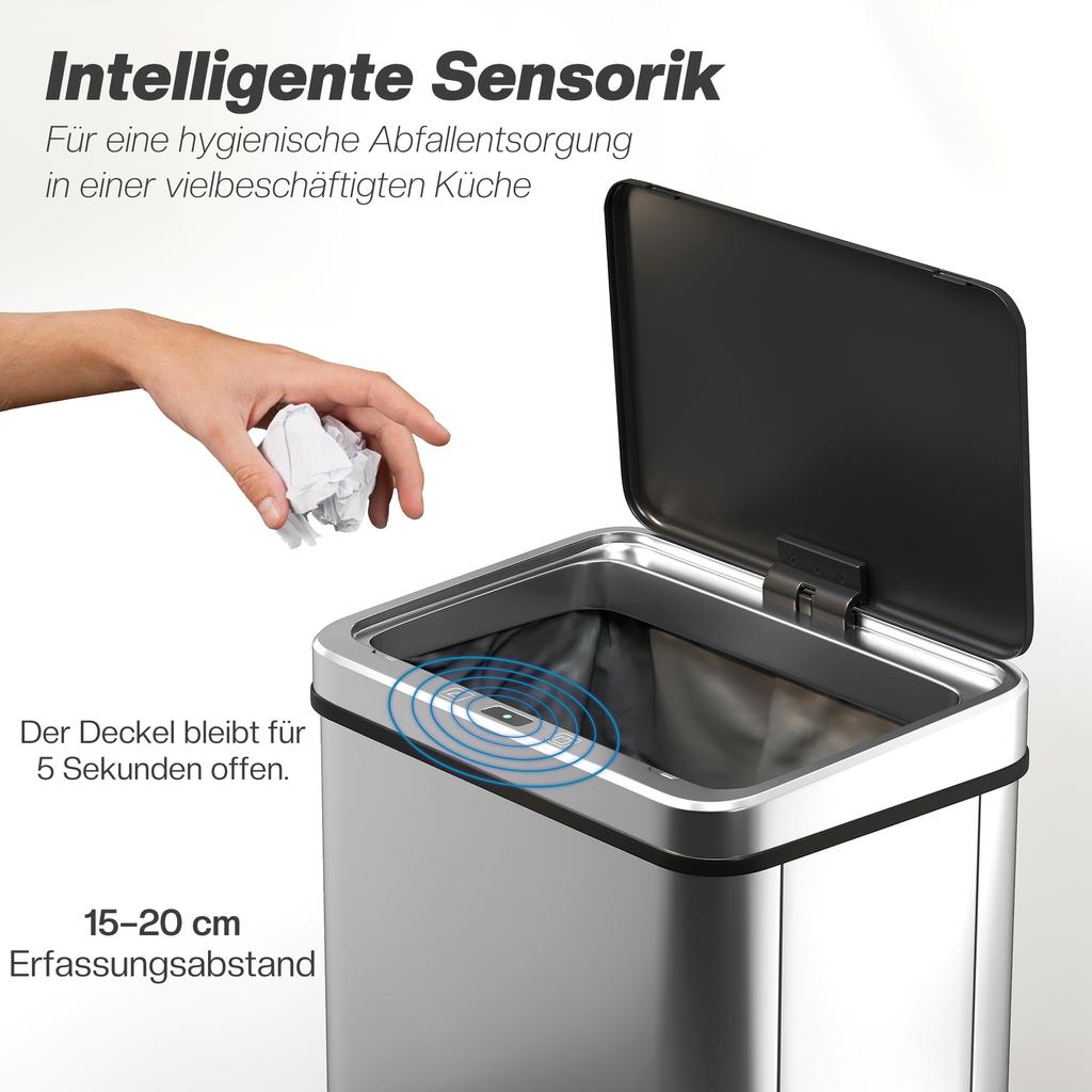 40L Sensor Bin with Soft-Close Lid, Stainless Steel Automatic Touchless Motion Sensor Kitchen Bin, Silver Tone