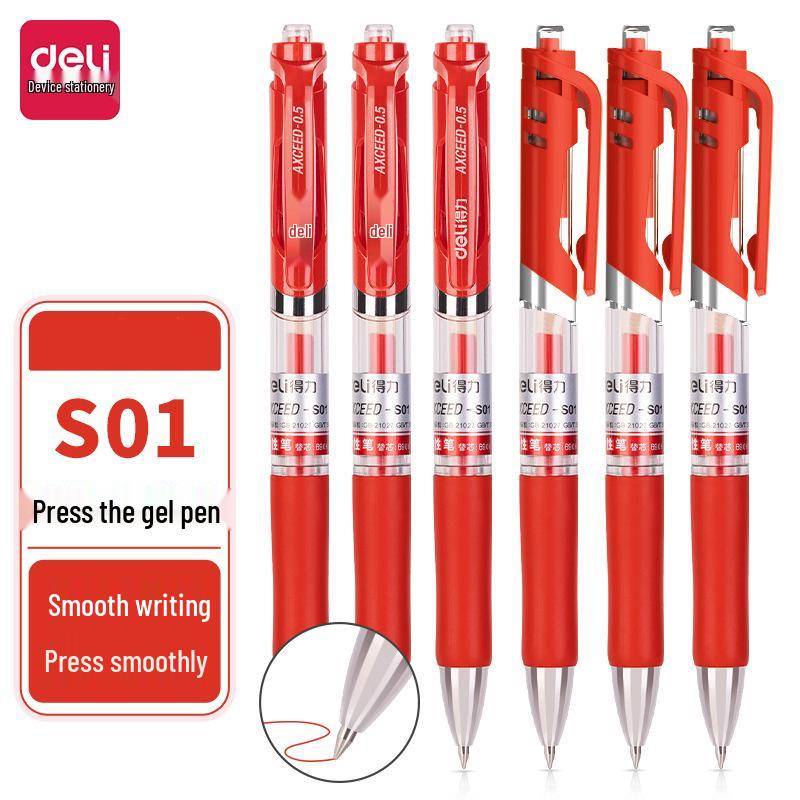 Deli Quick-Drying Press-Type 0.5mm ST Nib Student Pen: Transparent Barrel Black Ink.