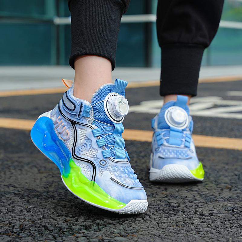Kids Sports Basketball Shoes Boys Breathable Sports Shoes Fashion Rotating Button Night Reflective Girls Sports Shoes