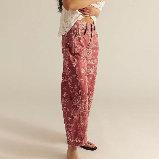 Barrel Jeans for Women Floral Print Boyfriend Baggy Jeans Casual Mid