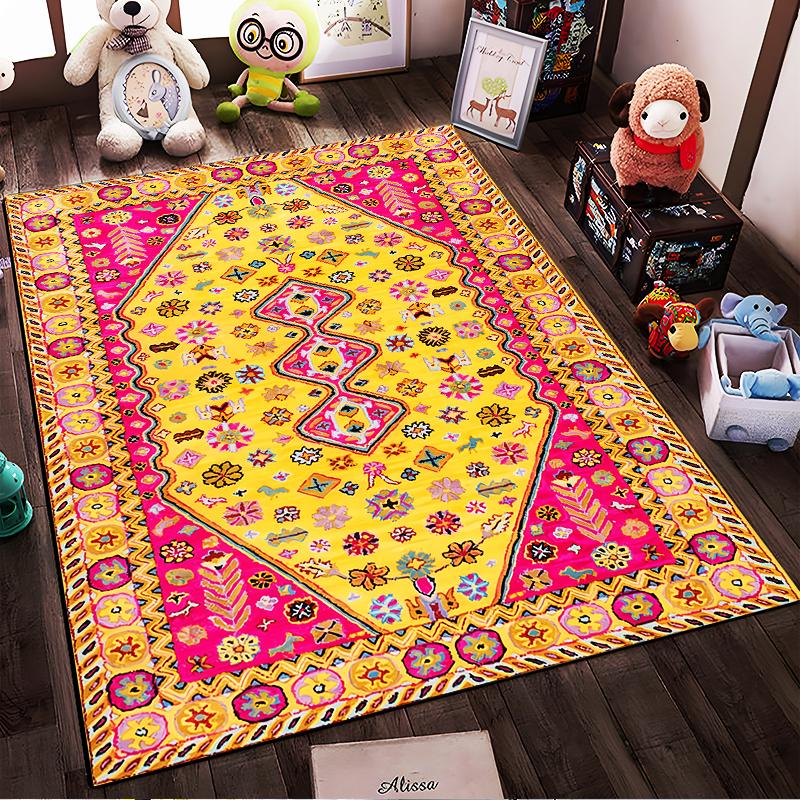 Colorful Bohemian Abstract Floral Carpet with Yellow and Pink Design Suitable for use as an anti-slip for living room bedroom sofas