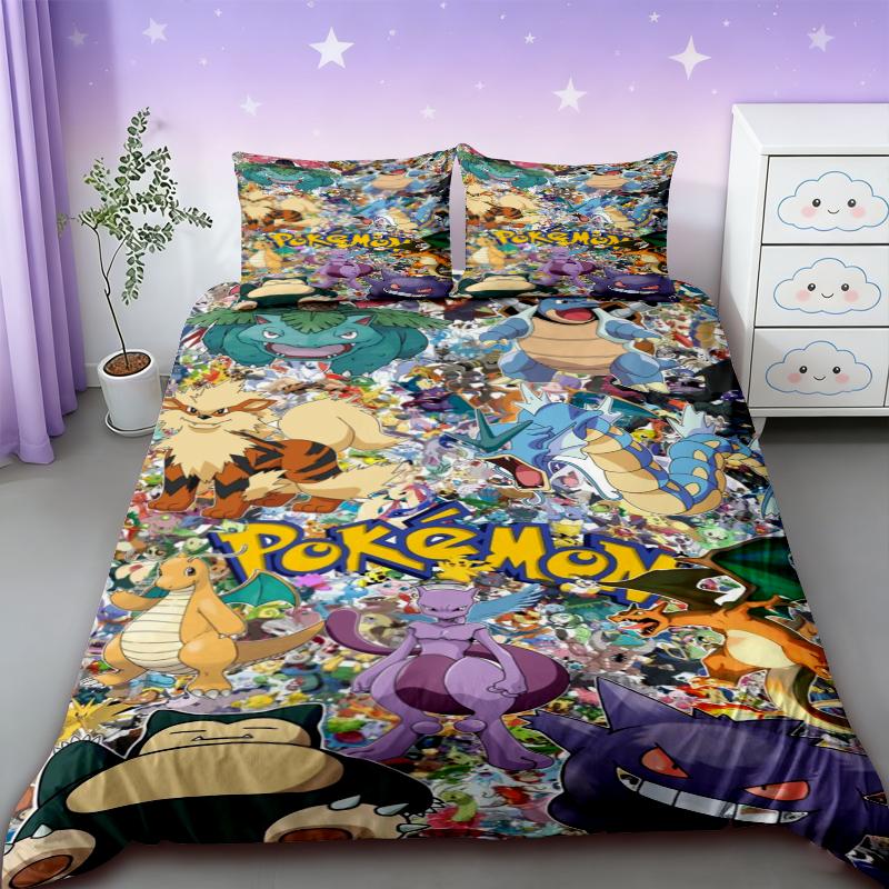 Pikachu Bedding Set Cartoon Anime Children Bedroom Quilt Cover Boy Girl Bedclothes Single Double King Pikachu Duvet Cover Gift