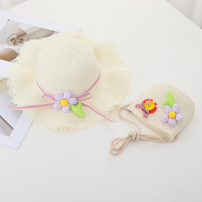 New Fashion Beach Hat Cute Outdoor Parent-child Hats 2-piece Womens Beach Set Sun Hat and Woven Bag Lightweight and Breathable