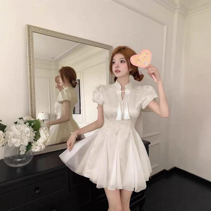 Elegant A-Line Midi Dress With Mandarin Collar Short Sleeve Princess Fit-and-Flare Style Women 2025