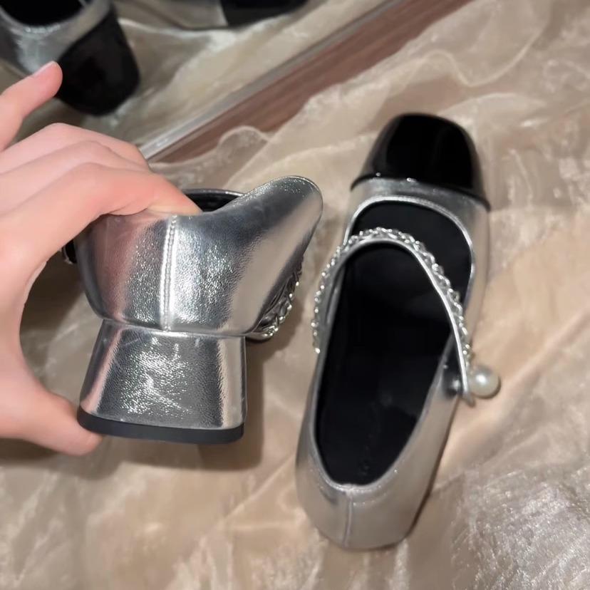 

Sheepskin version~ inner height increase 7CM high heel chain celebrity Mary Jane shoes women s silver soft sole versatile thick heel single shoes 39
