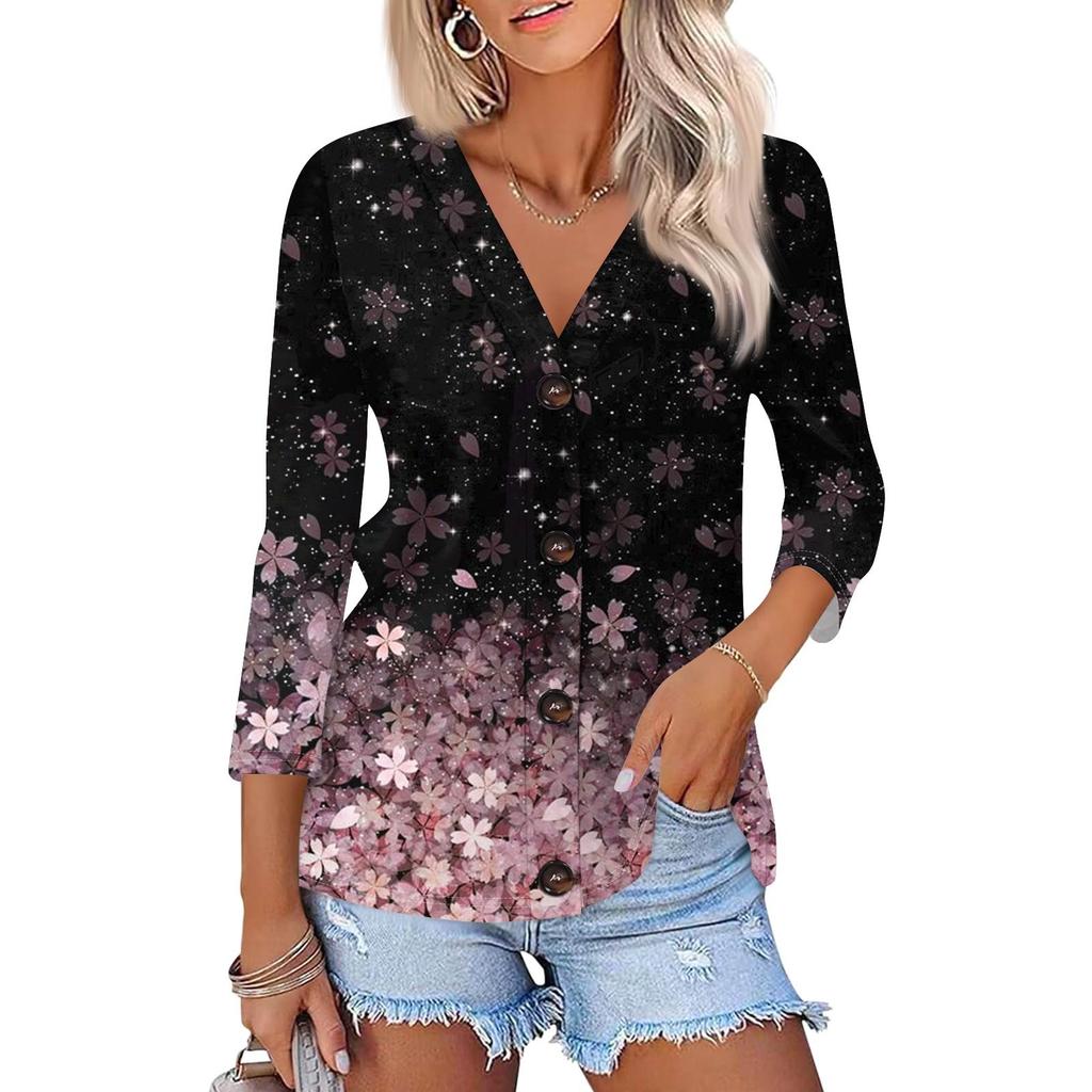 Women's Fashion Casual Printing Button-down Shirt 3/4 Long Sleeve Tops
