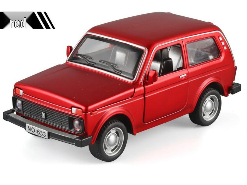Boxed 1:32 Lada Jeep Alloy Car Model Toy with Pull-Back, Sound, and Light.