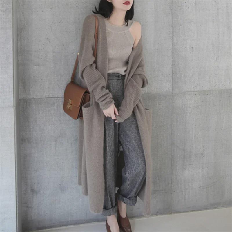 Fall/Winter 2025 Women's Korean Loose Knit Cardigan - Solid Color, Long Sleeve, Mid-Length, Thickened Sweater Coat