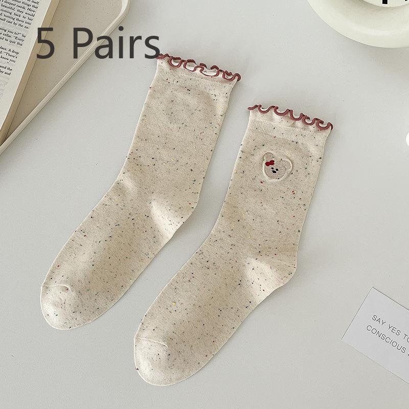 

5 пар женских весенних и осенних носков с симпатичным кружевом и бантом в трубке без ворса 5 Pairs