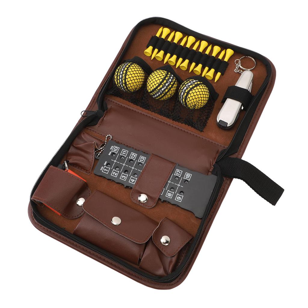 6 in 1 Golf Accessory Bag PU Leather with Tees Scorer Divot Tool Ball Clamp Brush Golf Essentials Storage Case for Gift