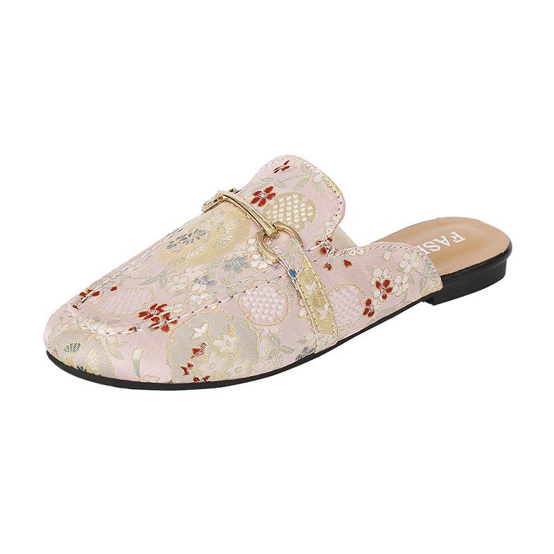 Baotou Half Slippers Women's Outer Wear 2024 Summer New Fashion Embroidered Sandals Without Heels Lazy Flat-bottomed Muller Shoes