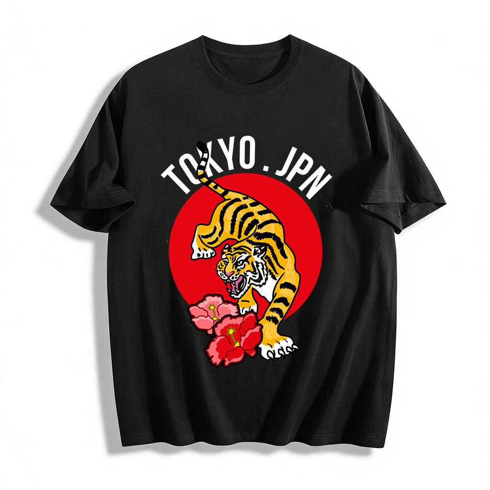 

Vintage Chinese Style Tiger Hibiscus Print Casual Tee Pure cotton T-shirt XXS