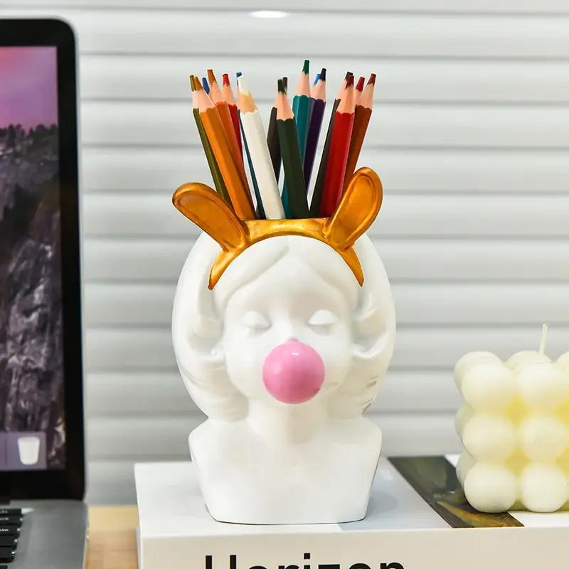 Cute Rabbit Ear Bubble Blowing Girl Pen Holder Multi Functional Storage Pen Holder Office Desktop Stationery Storage Bucket