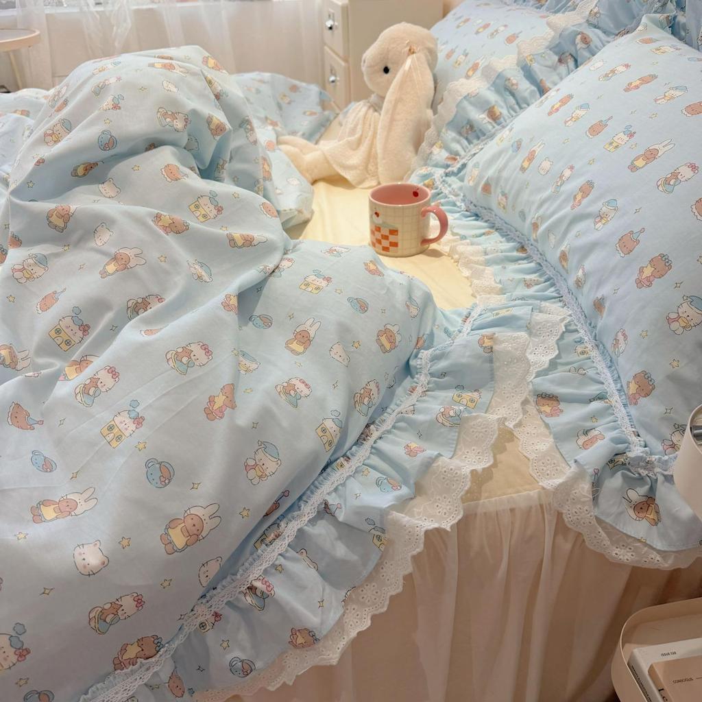 Korean Style Girlish Lace Cotton 4-Piece Princess Bedding Set for 1.8m Bed