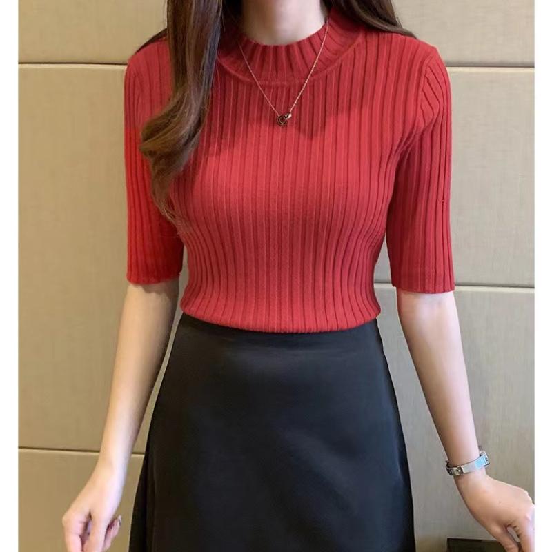 Slim Casual Base Knitted Shirts Women Pullover Half Sleeve Casual Sweater Blouses Women Solid Basic Tee Tops 13466