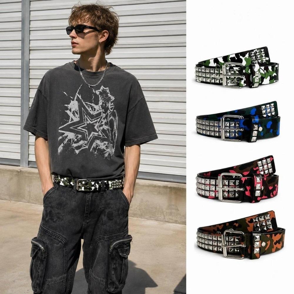 Metal Alloy Buckle Studded PU Belt Camo Print Punk Street Belt Hip Hop Waist Belt  Street Outfit