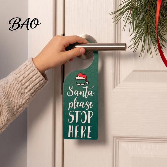 Kids Room Holiday Decor Christmas Door Handle Sign, Santa Please Stop Here Plastic Seasonal Ornaments Festive Knob Hanger Sign for Bedroom Decoration