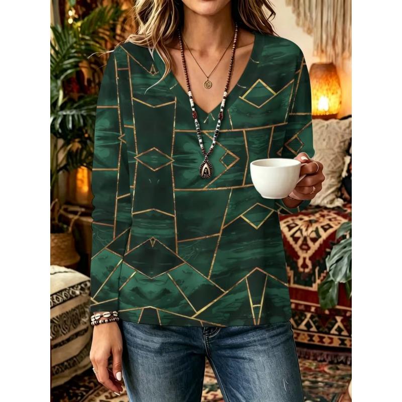 Autumn and Winter Women's Long-sleeved V-neck T-shirt