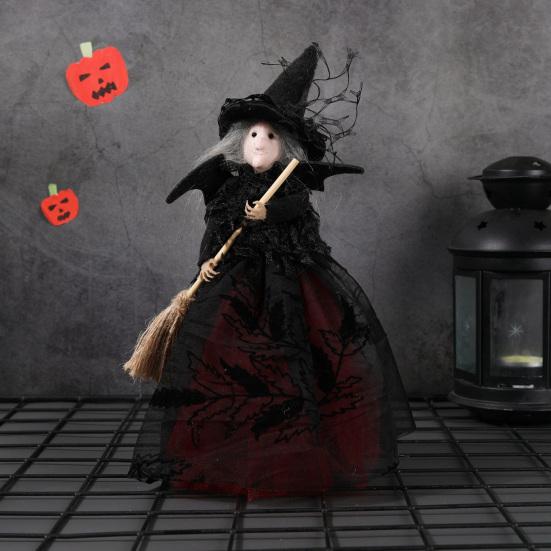 Halloween Witch Doll with Broom Small Witch Figurine with Gauze Skirt Spooky Table Centerpiece for Home Bedroom Desktop Decor