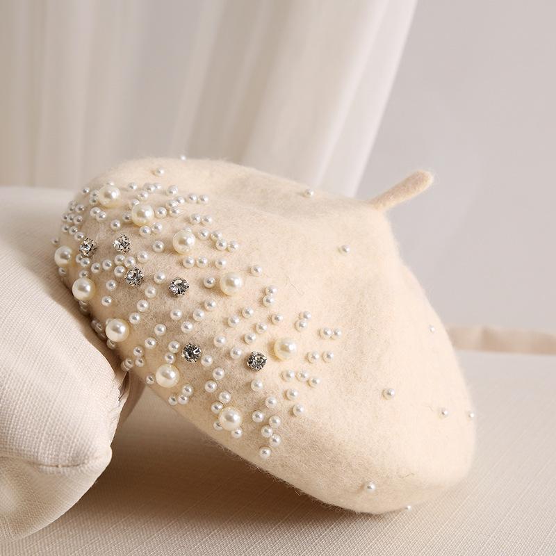 Temperament Pearl Water Diamond Beret Women's Autumn/Winter British Retro Korean Japanese Painter's Hat