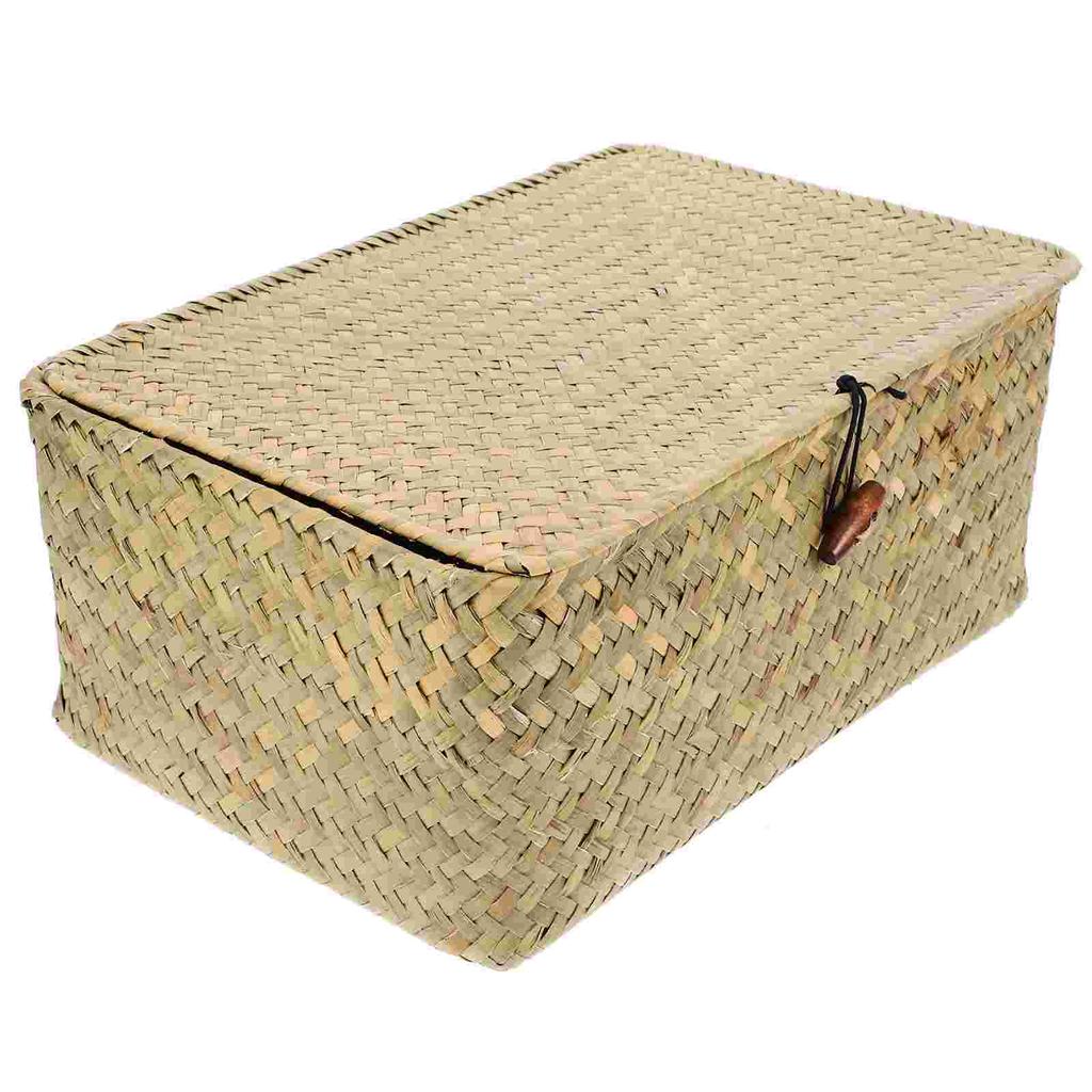 Straw Basket with Lid Rattan Woven Basket Desktop Clothes Sundries Storage Box for Bedroom Home Decor (L)