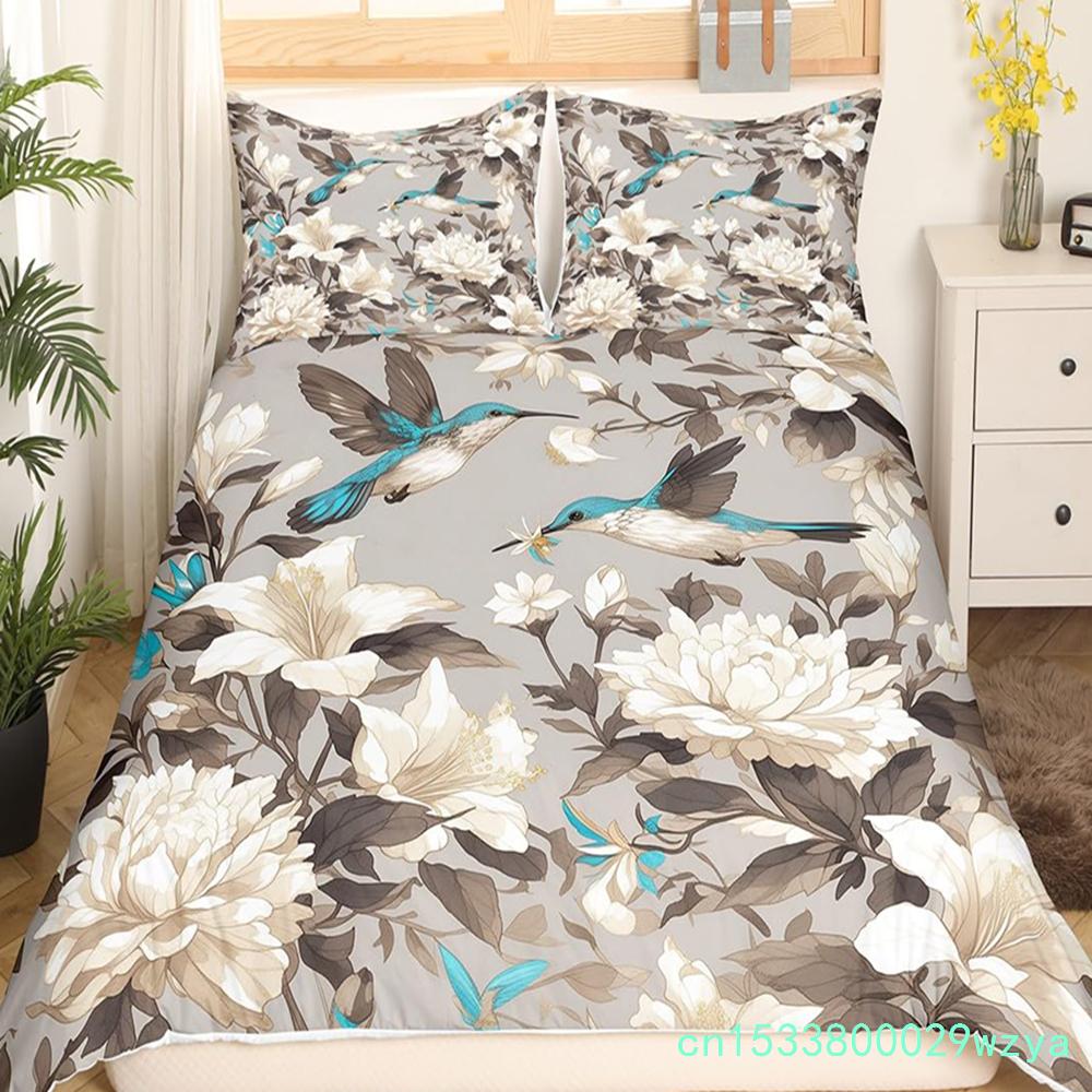 Copripiumino Floreale Colibrì Set Biancheria da Letto Uccelli Blu Verde Primavera Animali Selvatici Coperta Trapuntata Botanica Coperta Trapunta in Poliestere