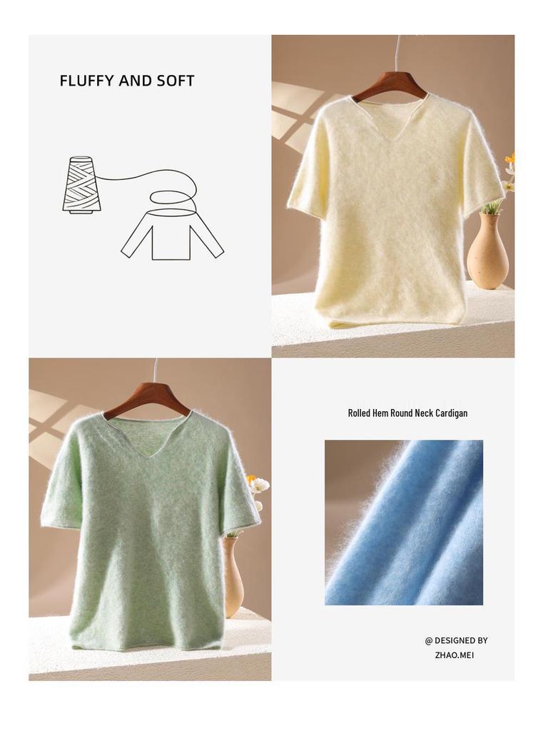 2026 A/W Women's V-Neck Cashmere Wool Knit Short Sleeve Sweater