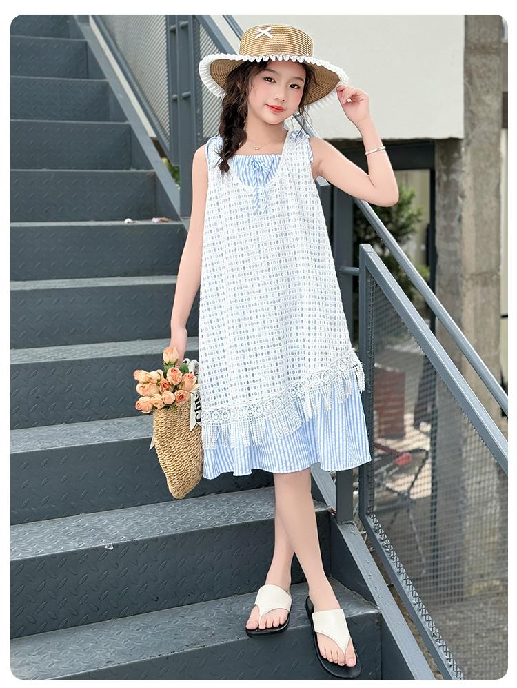 Women's clothing 2026 summer new layered hollow dress, mid size children's vacation style striped two-piece set, stylish