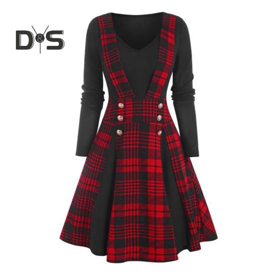 

Женское ретро-платье с V-образным вырезом и длинными рукавами, платье-пуловер в готическом стиле, клетчатое платье с принтом, осенне-зимнее поддельное платье из двух частей, женская праздничная одежда XL красный