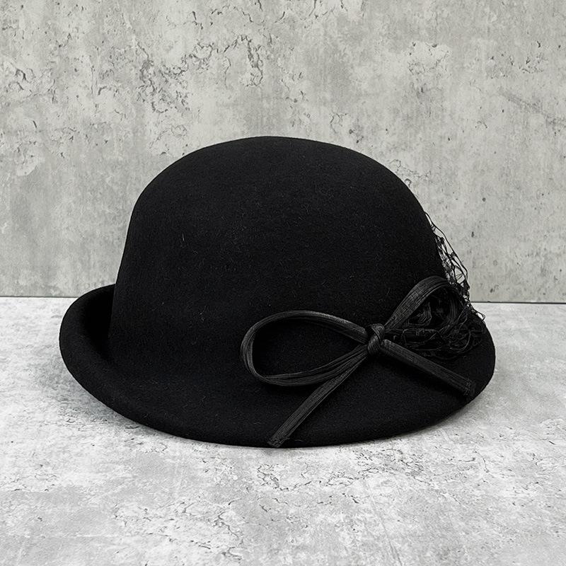 Elegante Netz-Schleifen-Zylinderhut Damen Französischer Retro-Hut mit kurzem Schirm Britischer Woll-Barett
