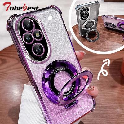 Shockproof Glitter Plating Magsafe Holder Case For Honor 200 100 90 80 70 60 Pro Soft Cover